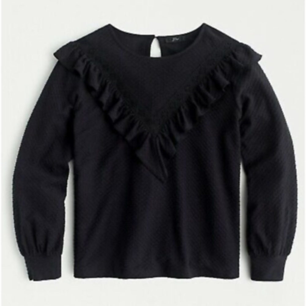 J.CREW Black Ruffle Trim Honeycomb Knit Blouse Top